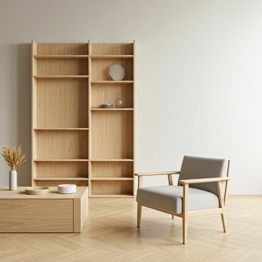 Minimalist living room with custom wooden shelving and furniture
