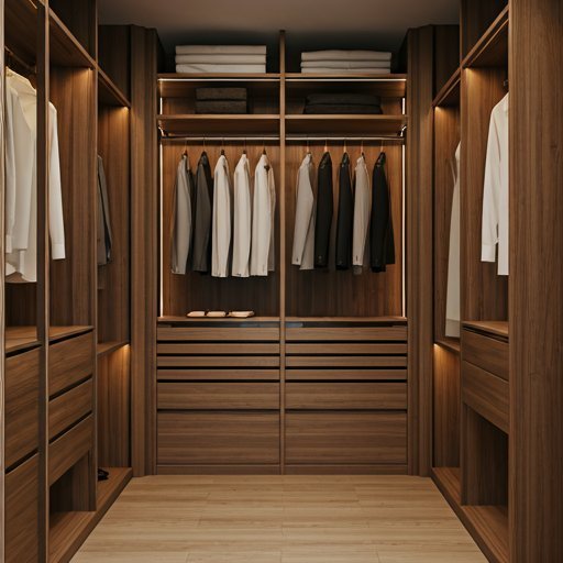 Luxury walk-in closet with warm lighting