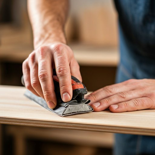 Close up of carpenter hands sanding wood in workshop